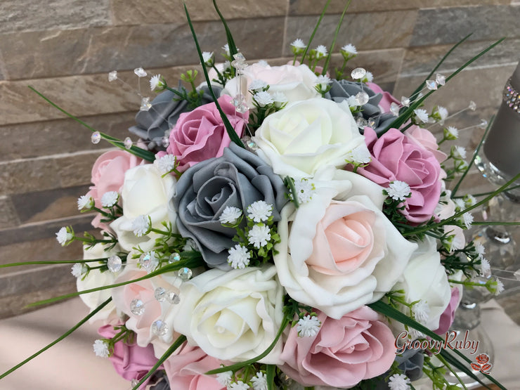 Grey & Mixed Pink Foam Roses With Gypsophila & Crystal