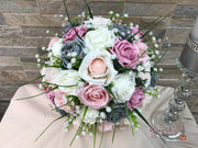 Grey & Mixed Pink Foam Roses With Gypsophila & Crystal