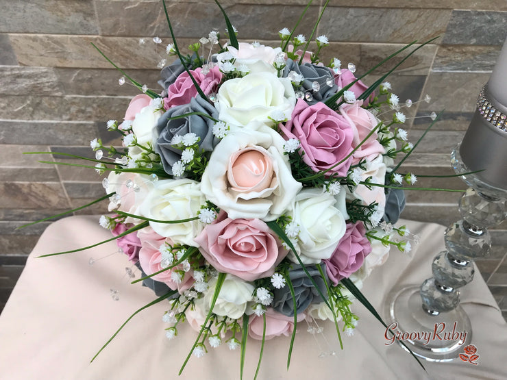 Grey & Mixed Pink Foam Roses With Gypsophila & Crystal