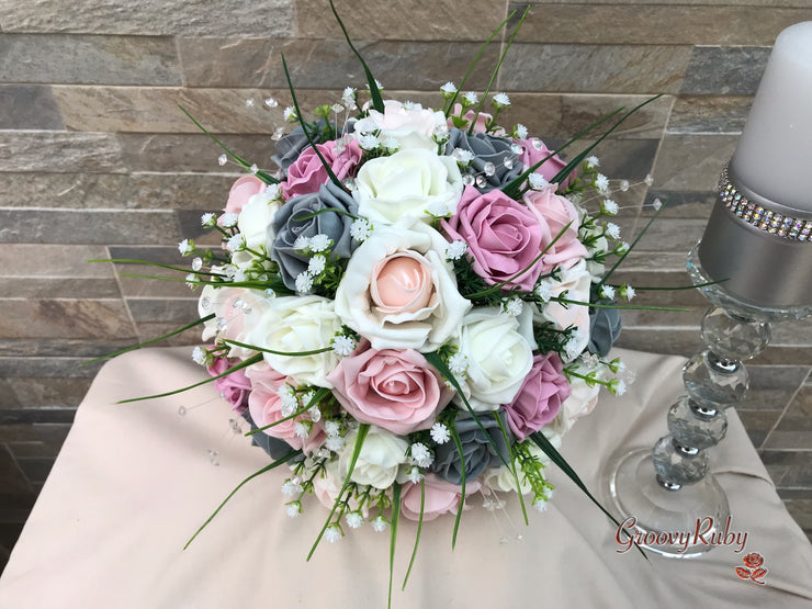 Grey & Mixed Pink Foam Roses With Gypsophila & Crystal