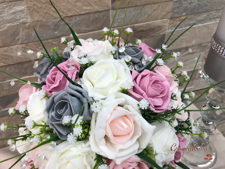 Grey & Mixed Pink Foam Roses With Gypsophila & Crystal