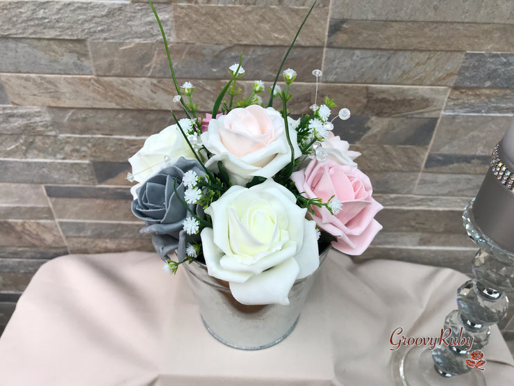 Grey & Mixed Pink Foam Roses With Gypsophila & Crystal