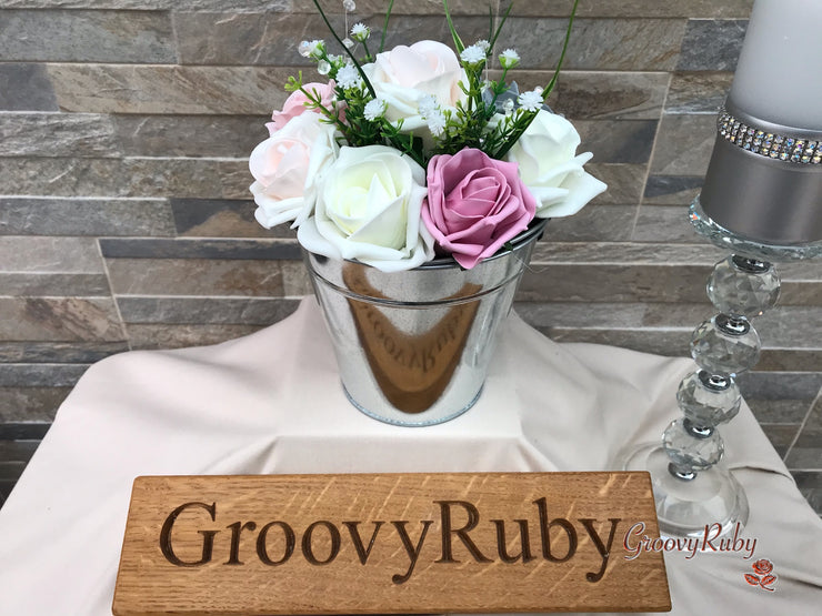 Grey & Mixed Pink Foam Roses With Gypsophila & Crystal