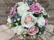 Grey & Mixed Pink Foam Roses With Gypsophila & Crystal