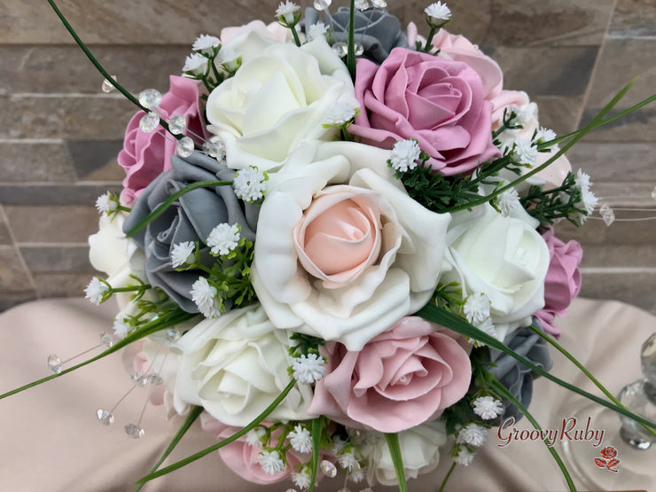 Grey & Mixed Pink Foam Roses With Gypsophila & Crystal