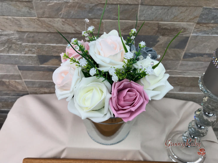 Grey & Mixed Pink Foam Roses With Gypsophila & Crystal