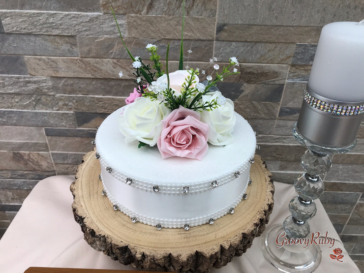 Grey & Mixed Pink Foam Roses With Gypsophila & Crystal