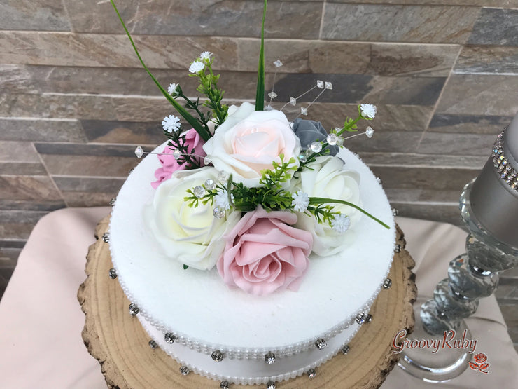 Grey & Mixed Pink Foam Roses With Gypsophila & Crystal
