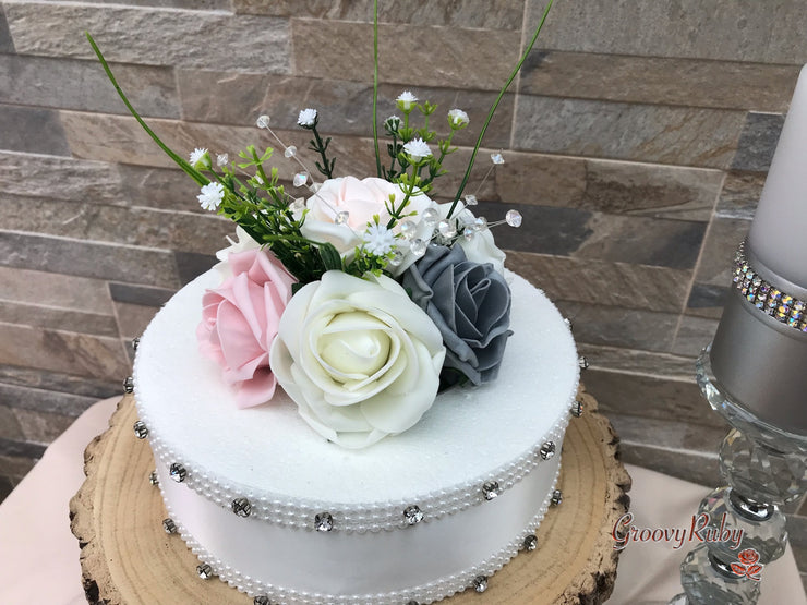 Grey & Mixed Pink Foam Roses With Gypsophila & Crystal