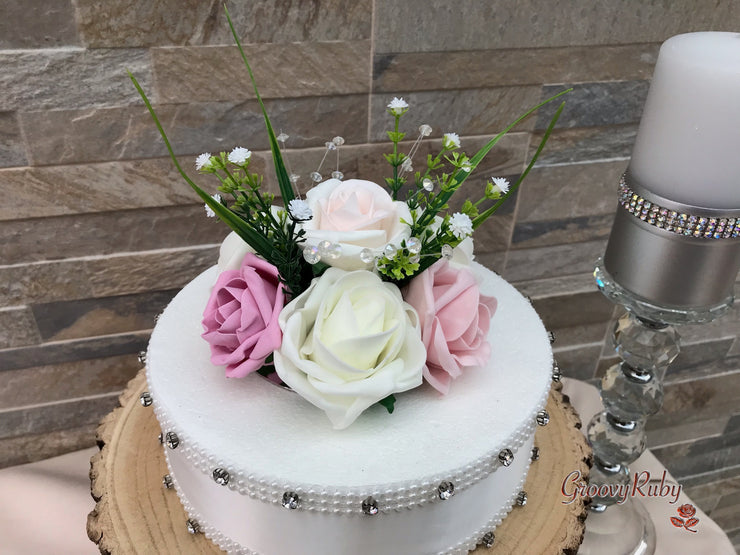 Grey & Mixed Pink Foam Roses With Gypsophila & Crystal
