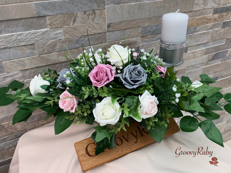 Grey & Mixed Pink Foam Roses With Gypsophila & Crystal