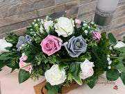 Grey & Mixed Pink Foam Roses With Gypsophila & Crystal