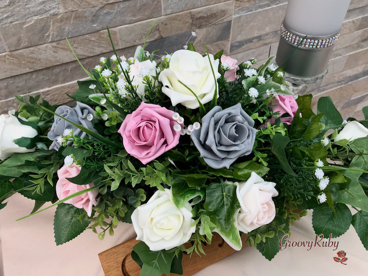 Grey & Mixed Pink Foam Roses With Gypsophila & Crystal