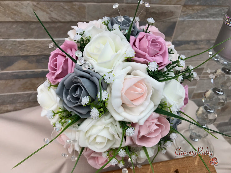Grey & Mixed Pink Foam Roses With Gypsophila & Crystal