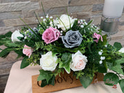 Grey & Mixed Pink Foam Roses With Gypsophila & Crystal