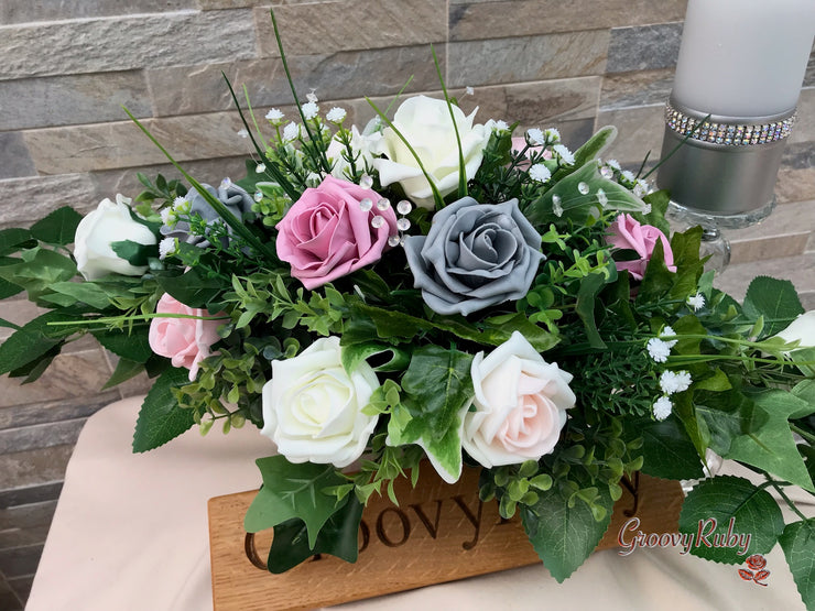 Grey & Mixed Pink Foam Roses With Gypsophila & Crystal