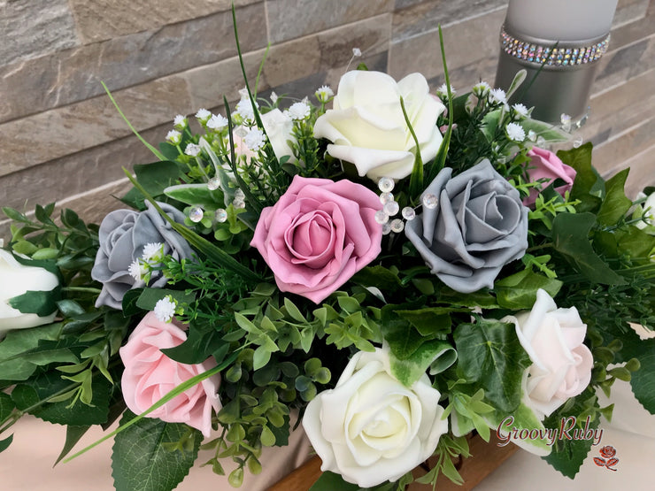 Grey & Mixed Pink Foam Roses With Gypsophila & Crystal