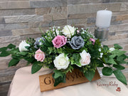 Grey & Mixed Pink Foam Roses With Gypsophila & Crystal
