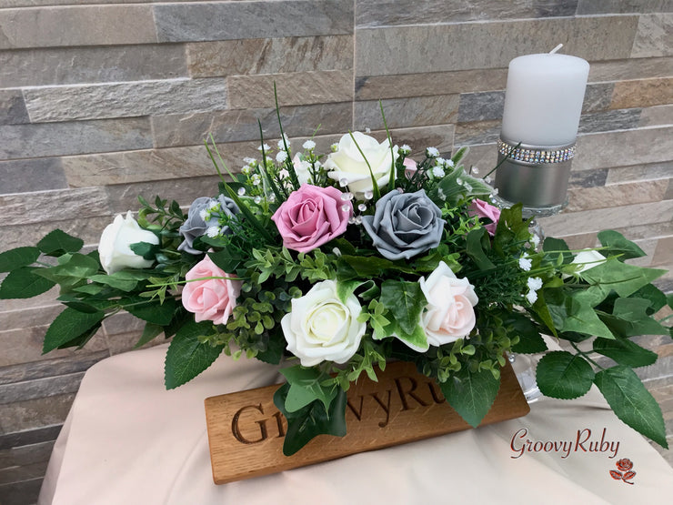 Grey & Mixed Pink Foam Roses With Gypsophila & Crystal
