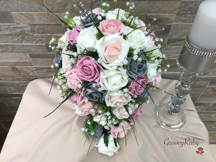 Grey & Mixed Pink Foam Roses With Gypsophila & Crystal