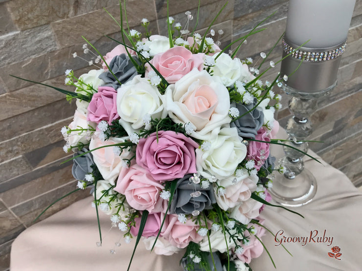 Grey & Mixed Pink Foam Roses With Gypsophila & Crystal