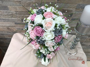 Grey & Mixed Pink Foam Roses With Gypsophila & Crystal