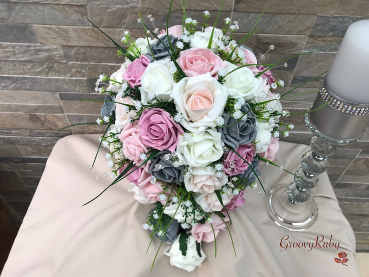 Grey & Mixed Pink Foam Roses With Gypsophila & Crystal
