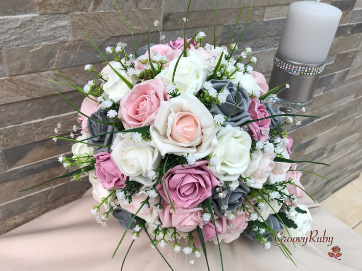 Grey & Mixed Pink Foam Roses With Gypsophila & Crystal