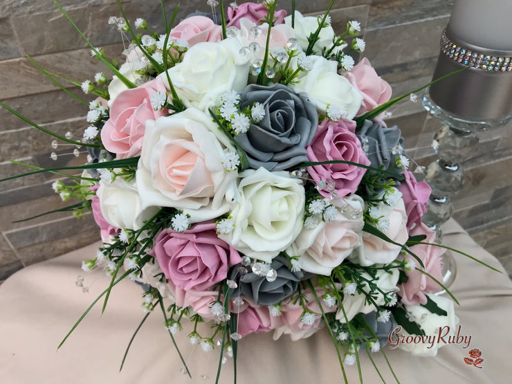 Grey & Mixed Pink Foam Roses With Gypsophila & Crystal