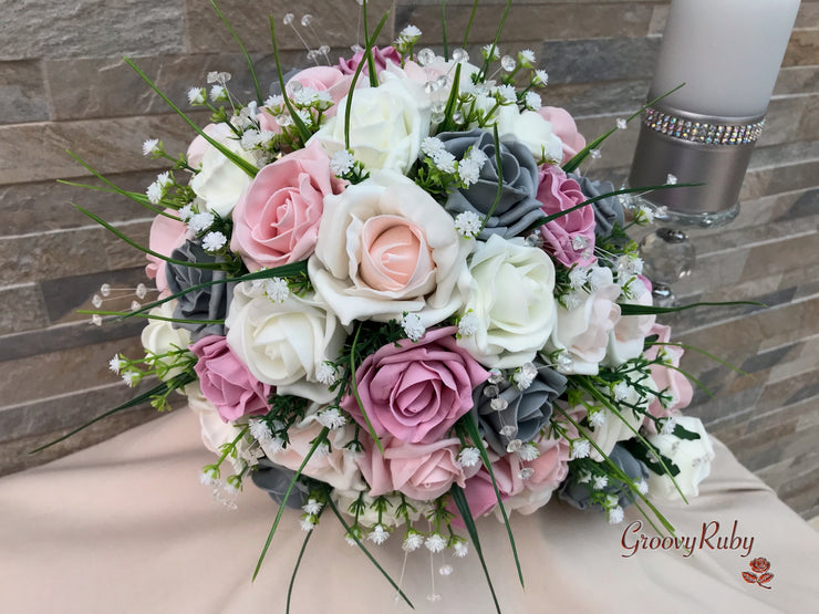 Grey & Mixed Pink Foam Roses With Gypsophila & Crystal