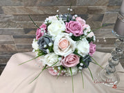 Grey & Mixed Pink Foam Roses With Gypsophila & Crystal