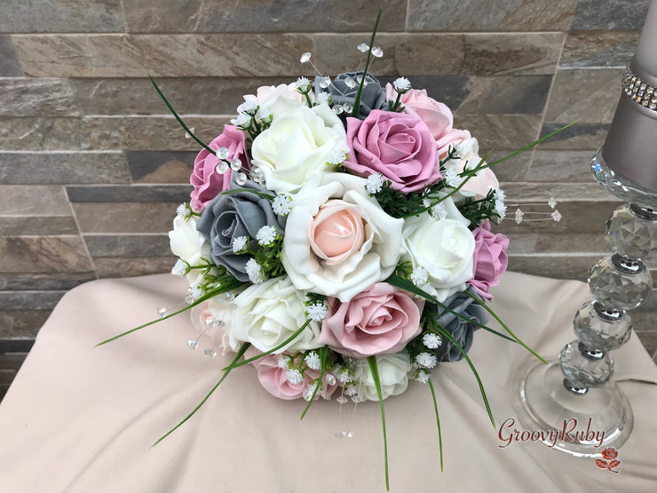 Grey & Mixed Pink Foam Roses With Gypsophila & Crystal