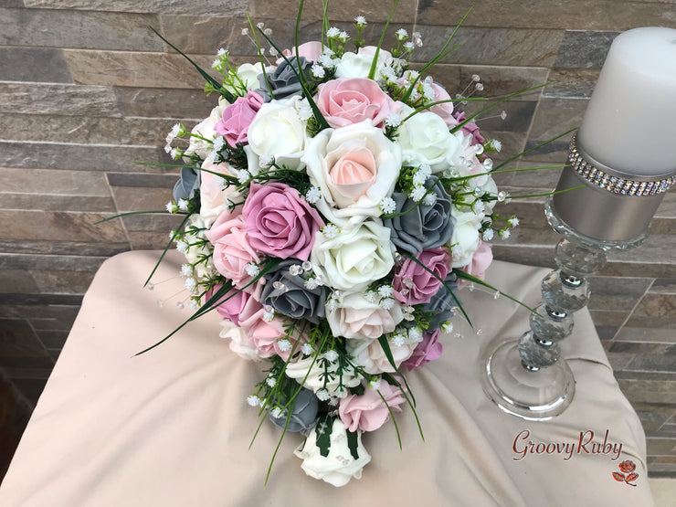 Grey & Mixed Pink Foam Roses With Gypsophila & Crystal