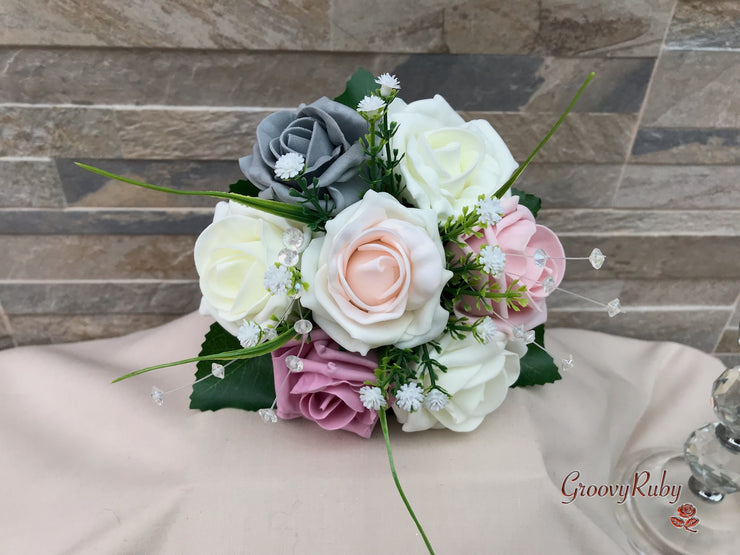 Grey & Mixed Pink Foam Roses With Gypsophila & Crystal