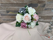 Grey & Mixed Pink Foam Roses With Gypsophila & Crystal