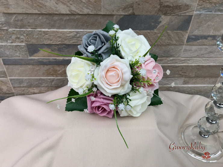Grey & Mixed Pink Foam Roses With Gypsophila & Crystal
