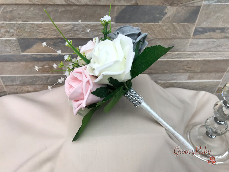Grey & Mixed Pink Foam Roses With Gypsophila & Crystal