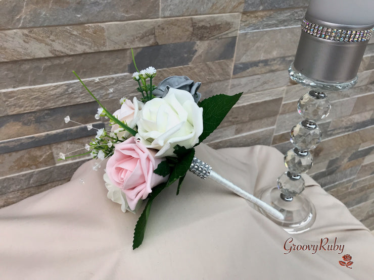 Grey & Mixed Pink Foam Roses With Gypsophila & Crystal