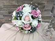 Grey & Mixed Pink Foam Roses With Gypsophila & Crystal
