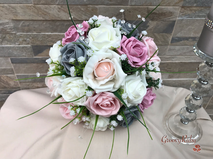 Grey & Mixed Pink Foam Roses With Gypsophila & Crystal