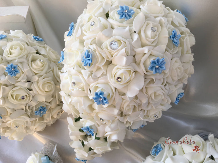 Rose Bouquets With Baby Blue Satin Diamante Flowers