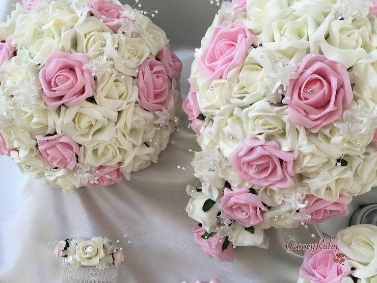 Baby Pink & Ivory Rose Crystal With Ivory Pearl Babies Breath