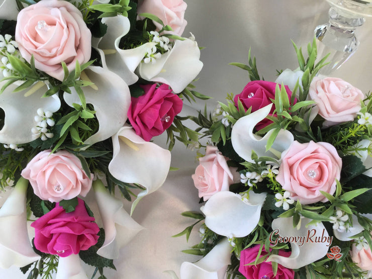 Hot Pink & Baby Pink Rose & Large White Calla Lily