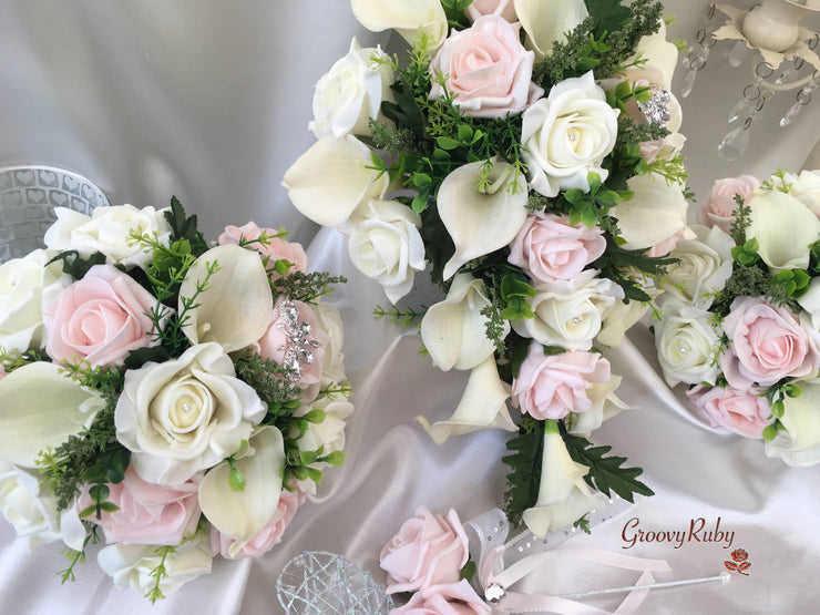 Blush Pink Rose & Large Ivory Calla Lilies With Crystal Butterfly Brooch
