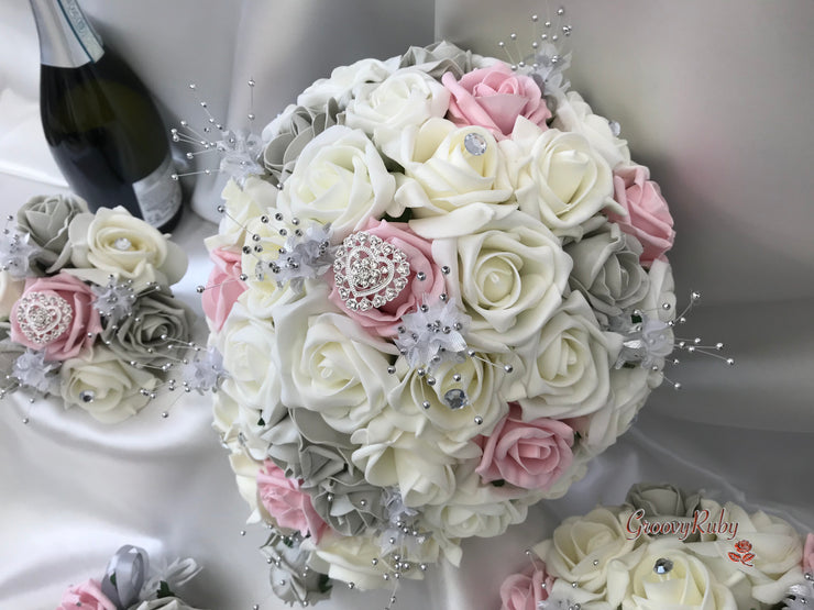 Dusky Pink & Silver Roses With Delicate Heart Brooch