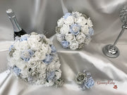 Ice Blue, Silver & White Roses With Delicate Heart Brooch