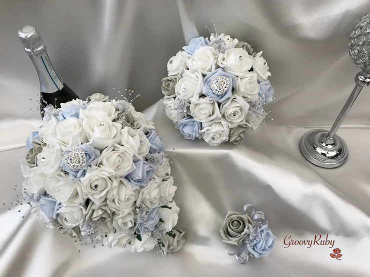 Ice Blue, Silver & White Roses With Delicate Heart Brooch