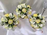 Lemon Rose & Large Calla Lily With Pearl Sprays & Pearl Brooch