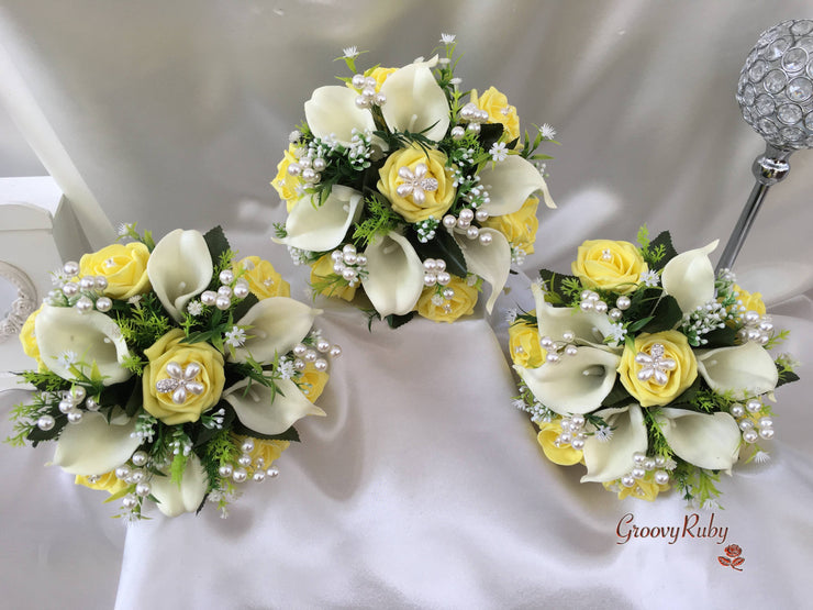 Lemon Rose & Large Calla Lily With Pearl Sprays & Pearl Brooch