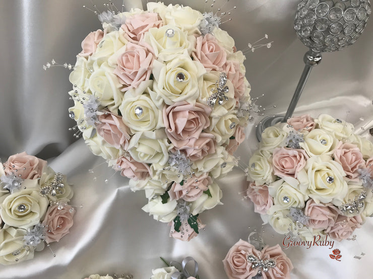 Mocha Pink & Ivory Rose With Silver & Crystal Butterfly